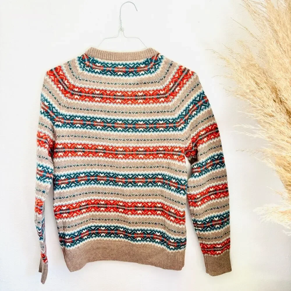 MENS J CREW Beige Tan Blue Fair Isle Wool Stripe Crew $228 Pullover Sweater S